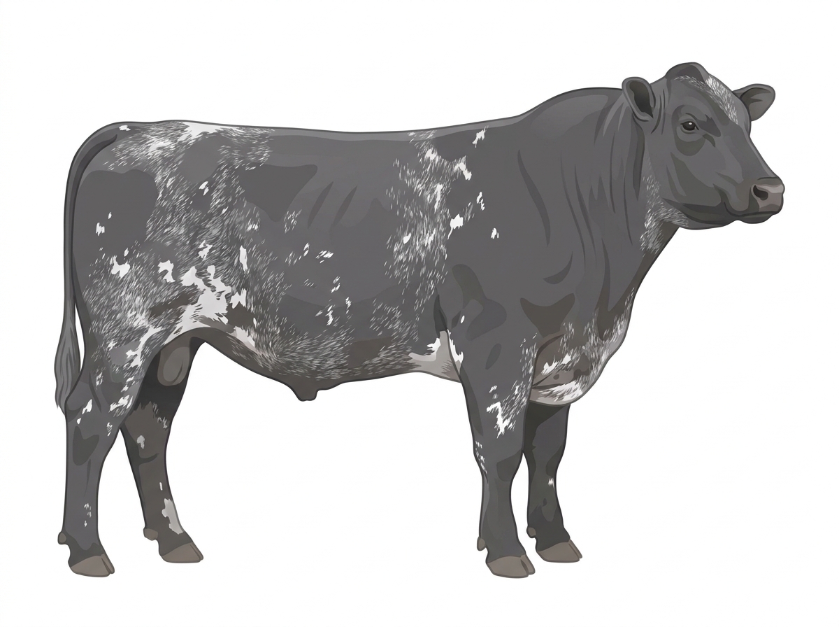 Blue roan with a few white spots and ticking in the white MaineTainer Bull