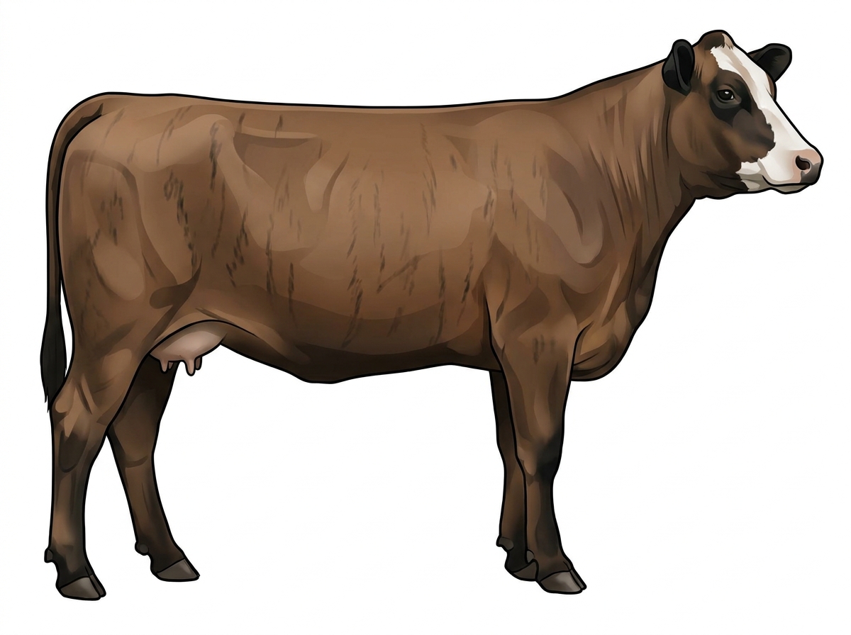 Brown brindle with faint black striping, black points and a partial white face MaineTainer Cow