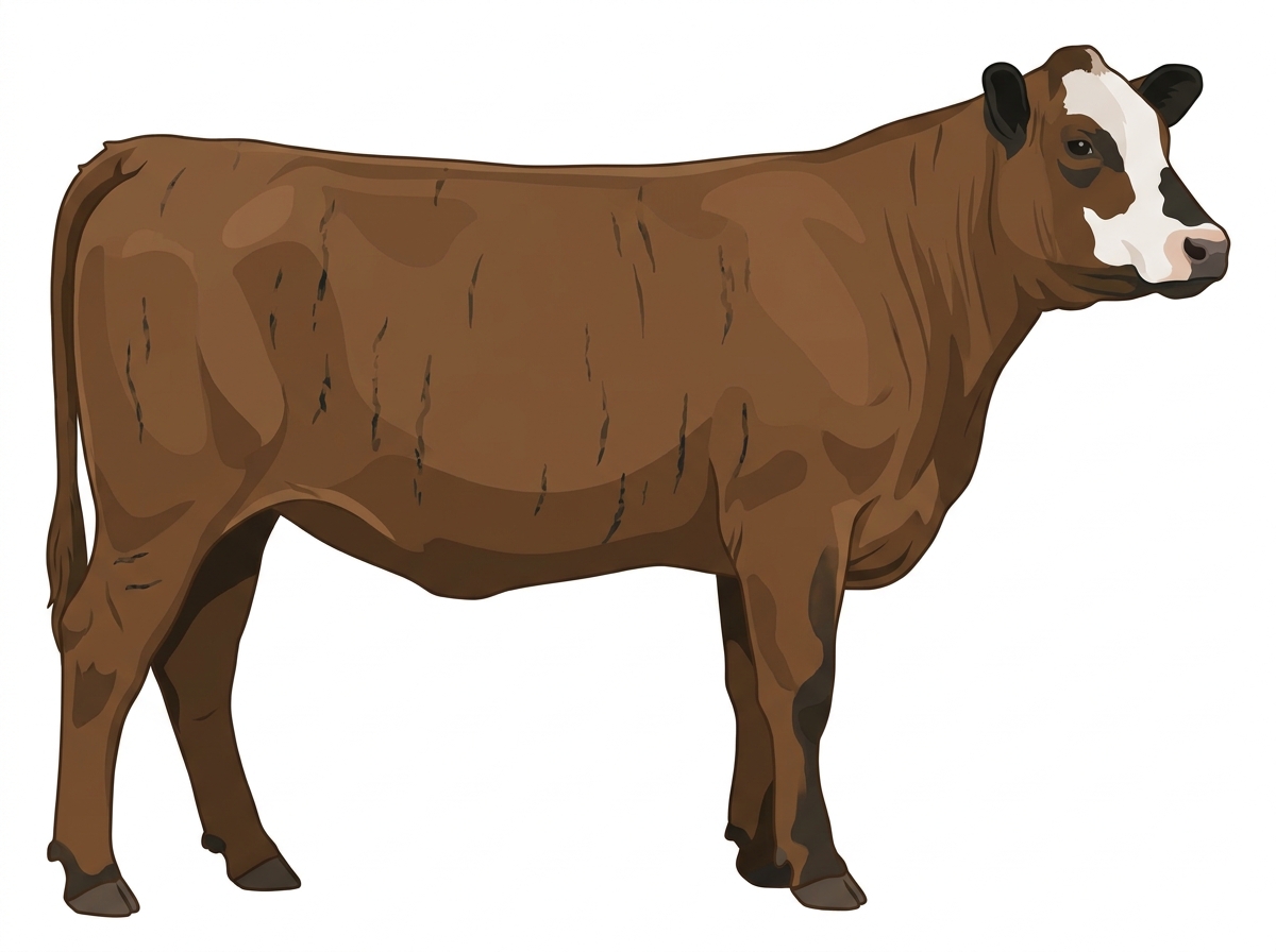 Brown brindle with faint black striping, black points and a partial white face MaineTainer Heifer