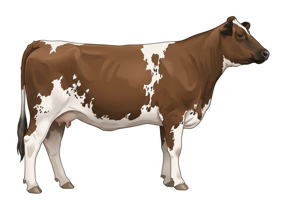 Brown with black points, a few white spots and ticking in the white MaineTainer Cow