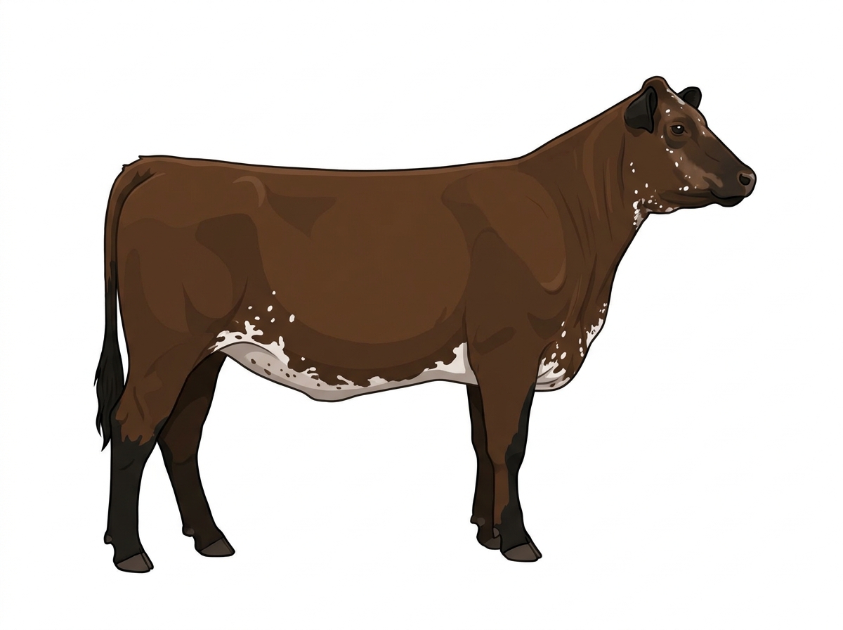 Brown with black points, a few white spots and ticking in the white MaineTainer Heifer