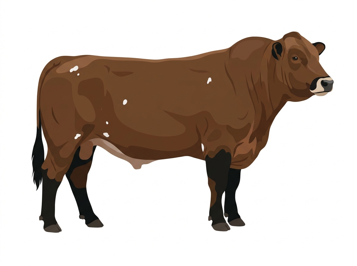 Brown with black points, a pale muzzle ring and lighter underline and a few white spots MaineTainer Bull