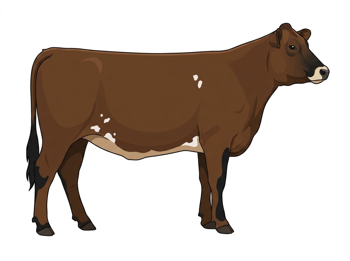 Brown with black points, a pale muzzle ring and lighter underline and a few white spots MaineTainer Heifer