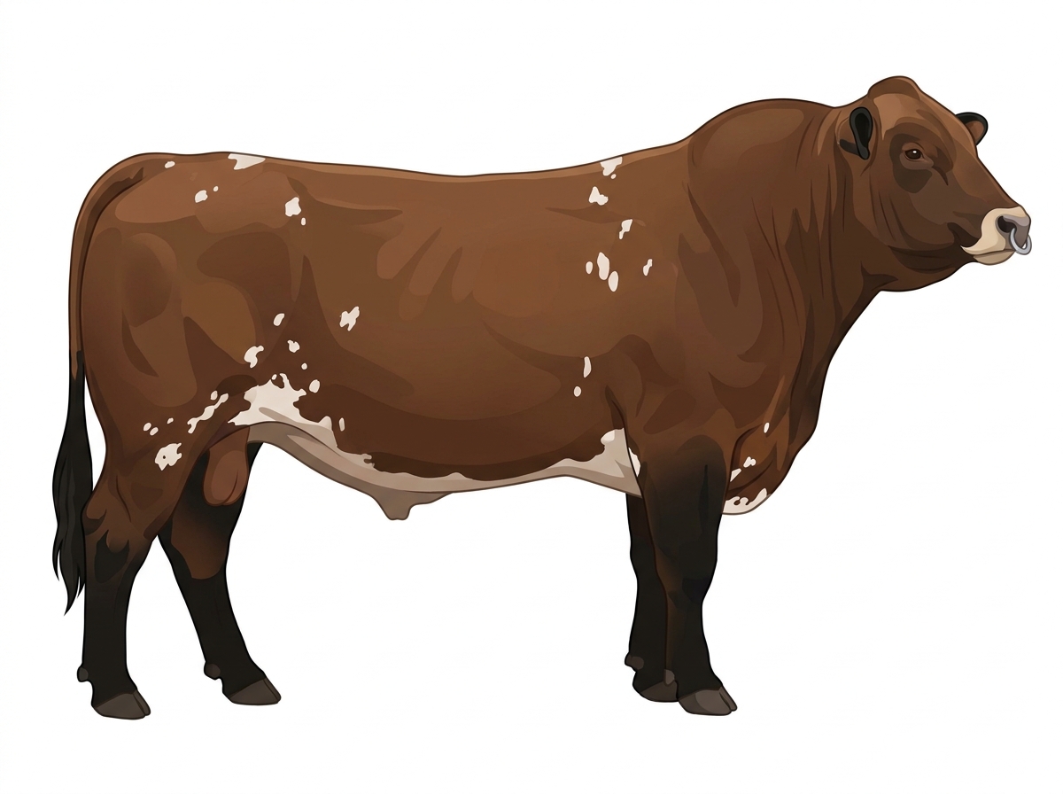 Brown with black points, a pale muzzle ring and lighter underline and white spots MaineTainer Bull