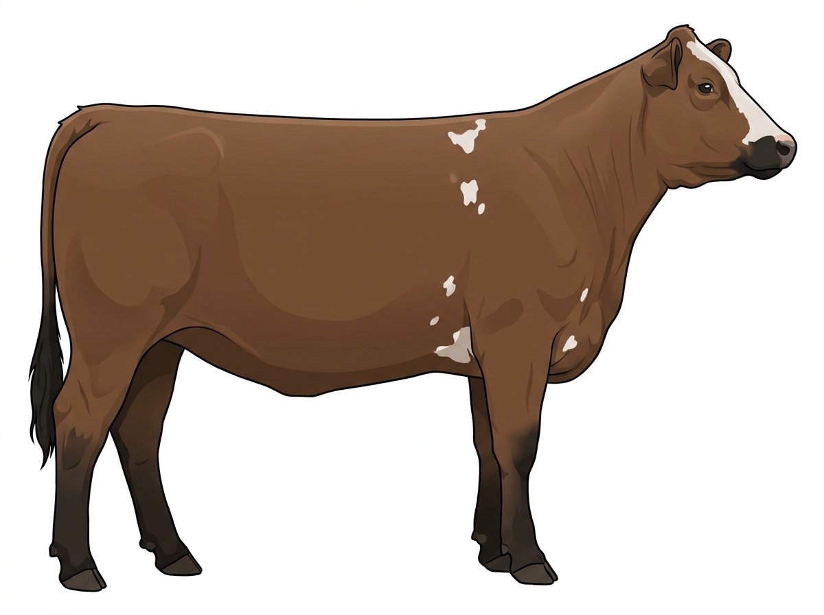 Brown with black points, a partial white face and a few white spots MaineTainer Heifer