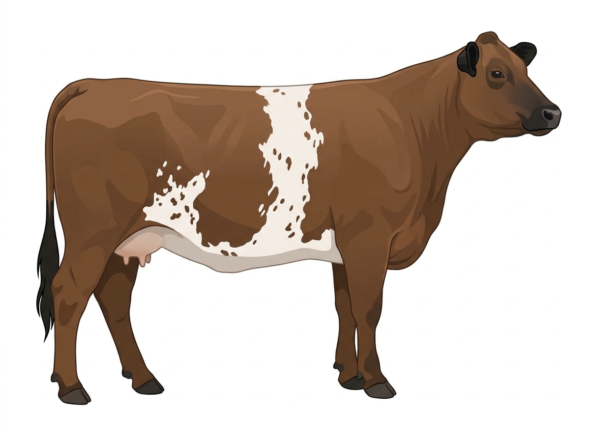 Brown with black points, a white belt around the midsection, white spots and ticking in the white MaineTainer Cow