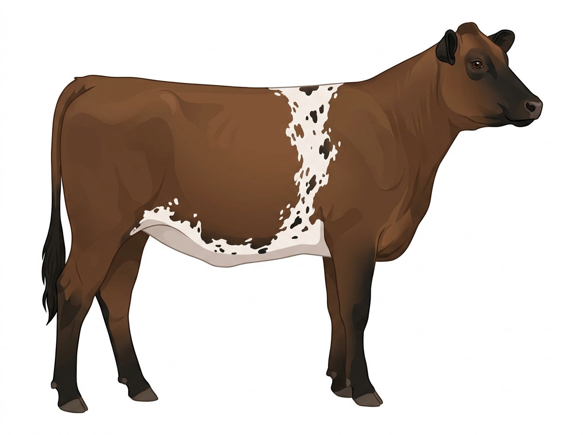 Brown with black points, a white belt around the midsection, white spots and ticking in the white MaineTainer Heifer