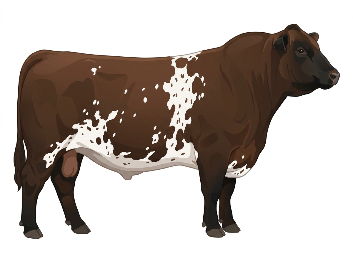 Brown with black points, white spots and ticking in the white MaineTainer Bull