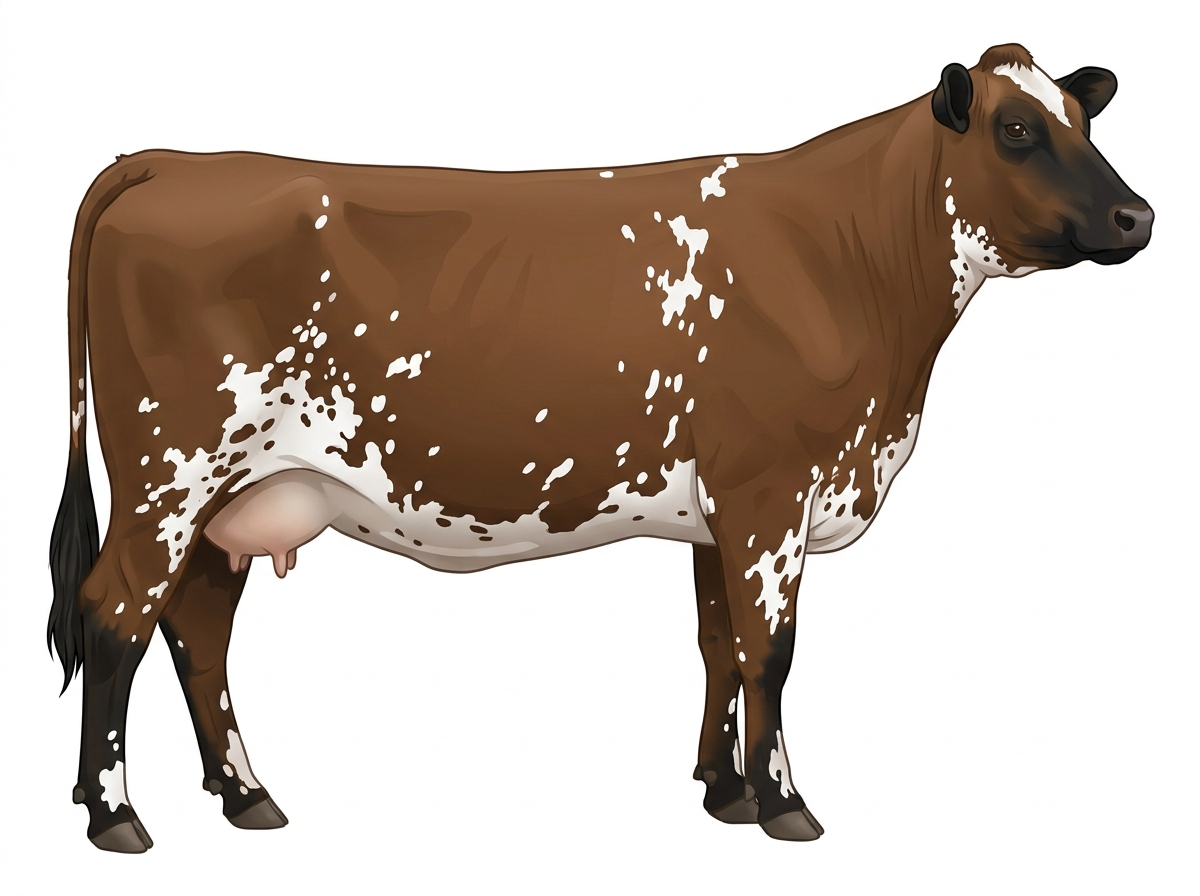 Brown with black points, white spots and ticking in the white MaineTainer Cow