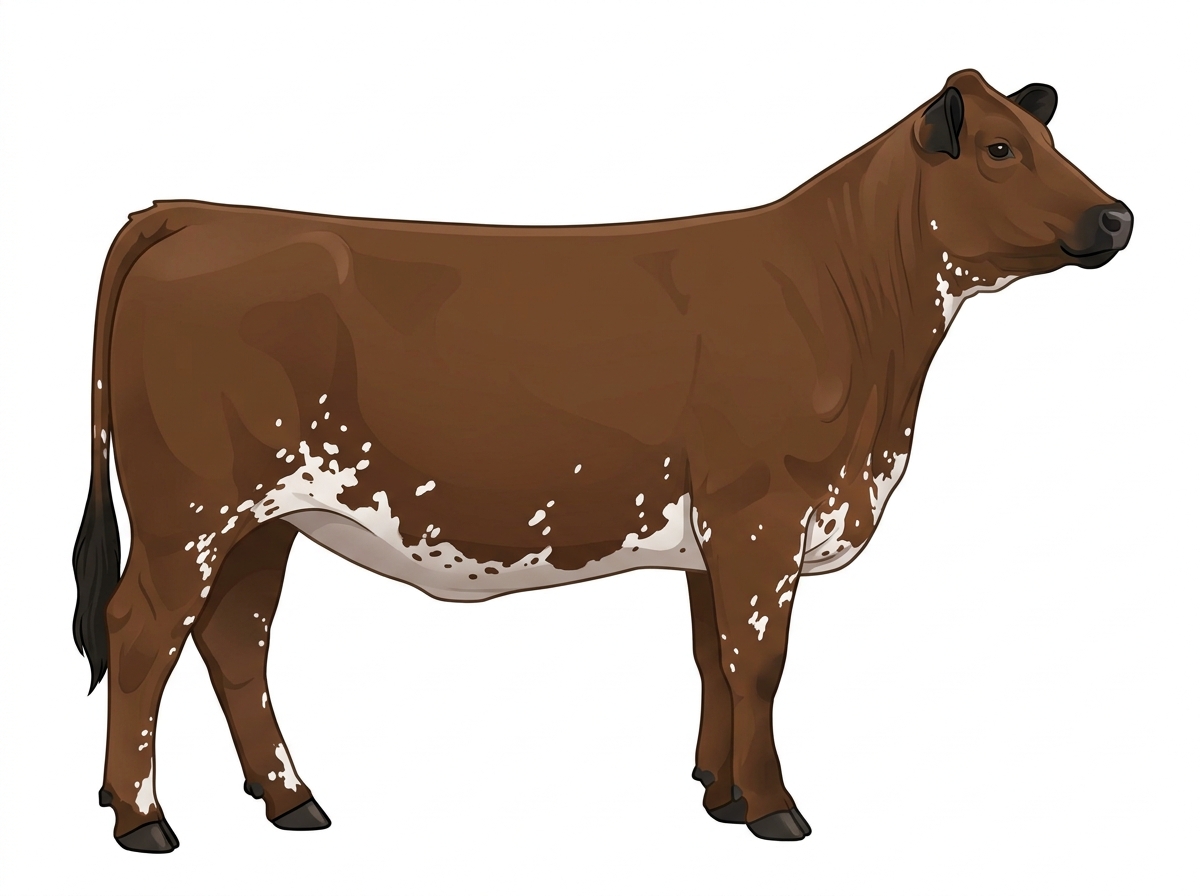 Brown with black points, white spots and ticking in the white MaineTainer Heifer