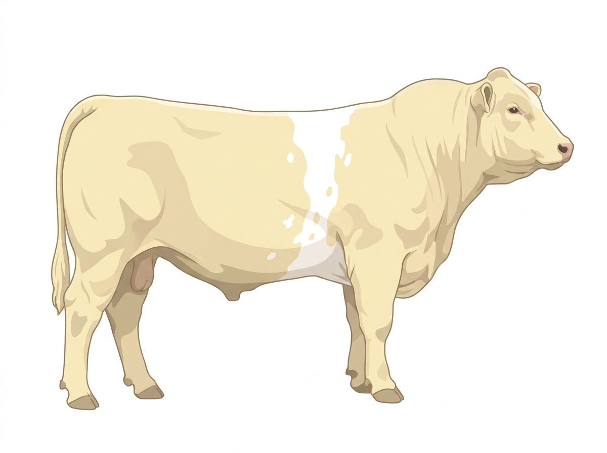 Cream with a white belt around the midsection, a few white spots and ticking in the white MaineTainer Bull