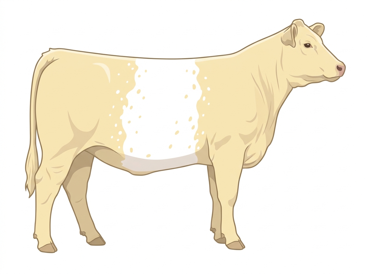Cream with a white belt around the midsection, a few white spots and ticking in the white MaineTainer Heifer