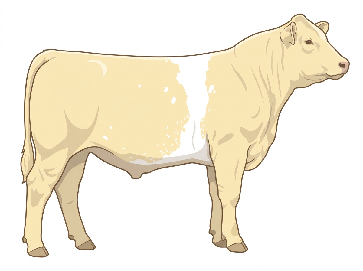 Cream with a white belt around the midsection, a few white spots and ticking in the white MaineTainer Steer