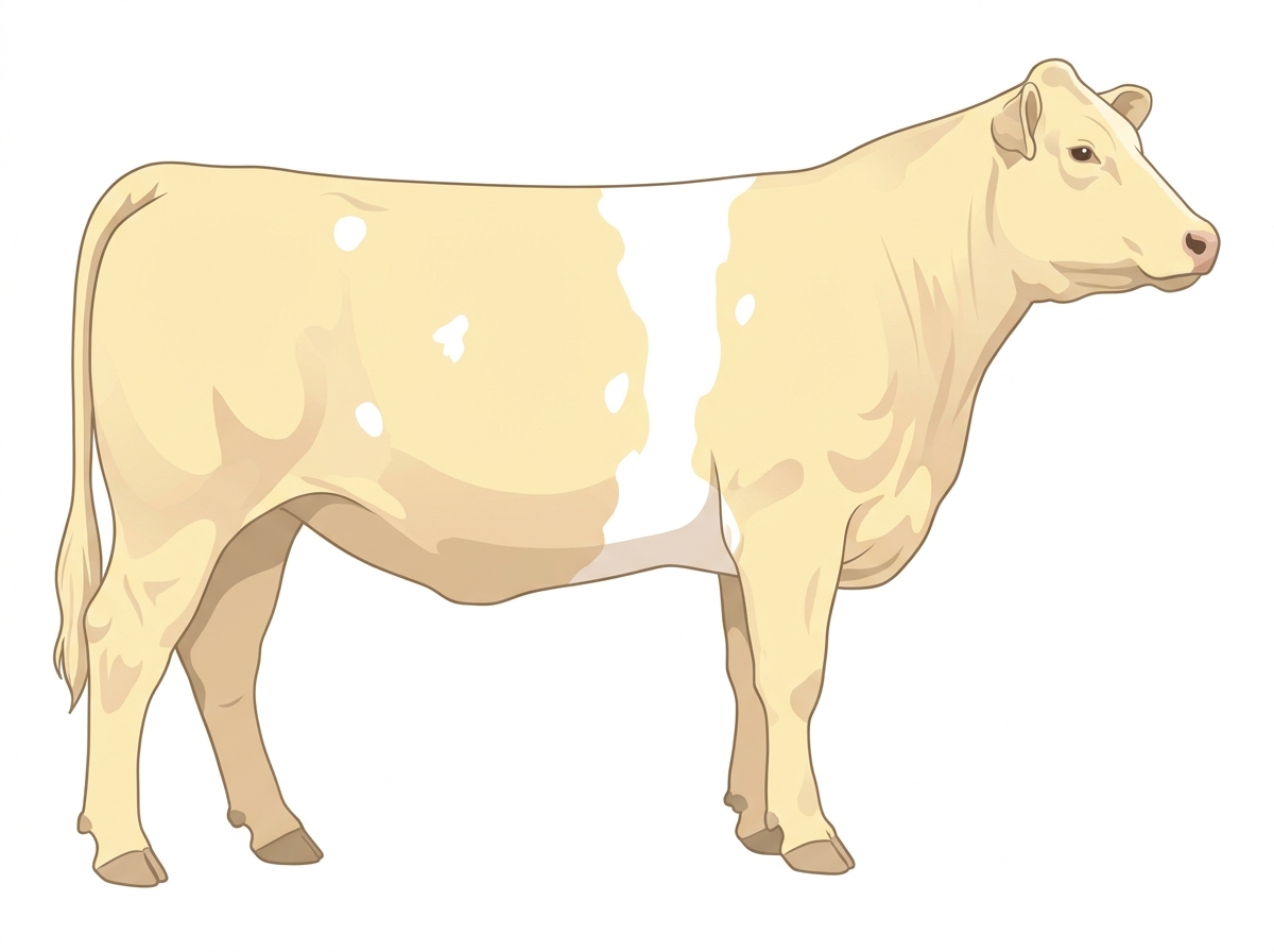 Cream with a white belt around the midsection and a few white spots MaineTainer Cow