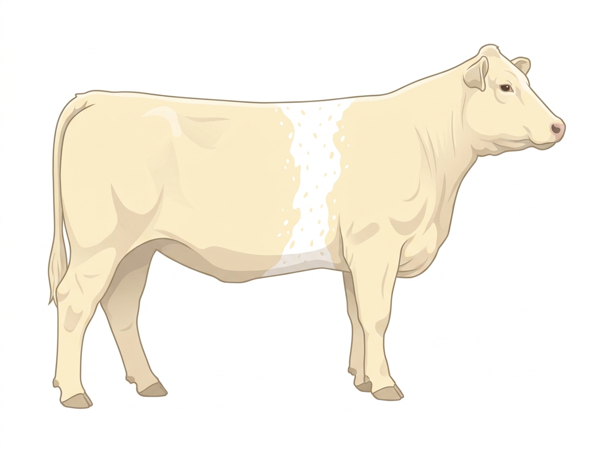 Cream with a white belt around the midsection and ticking in the white MaineTainer Cow