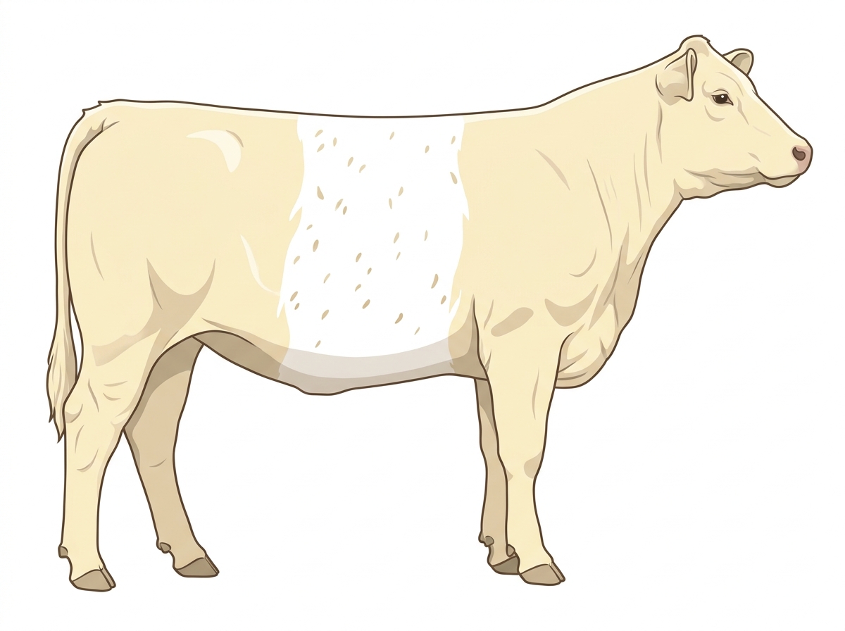 Cream with a white belt around the midsection and ticking in the white MaineTainer Heifer