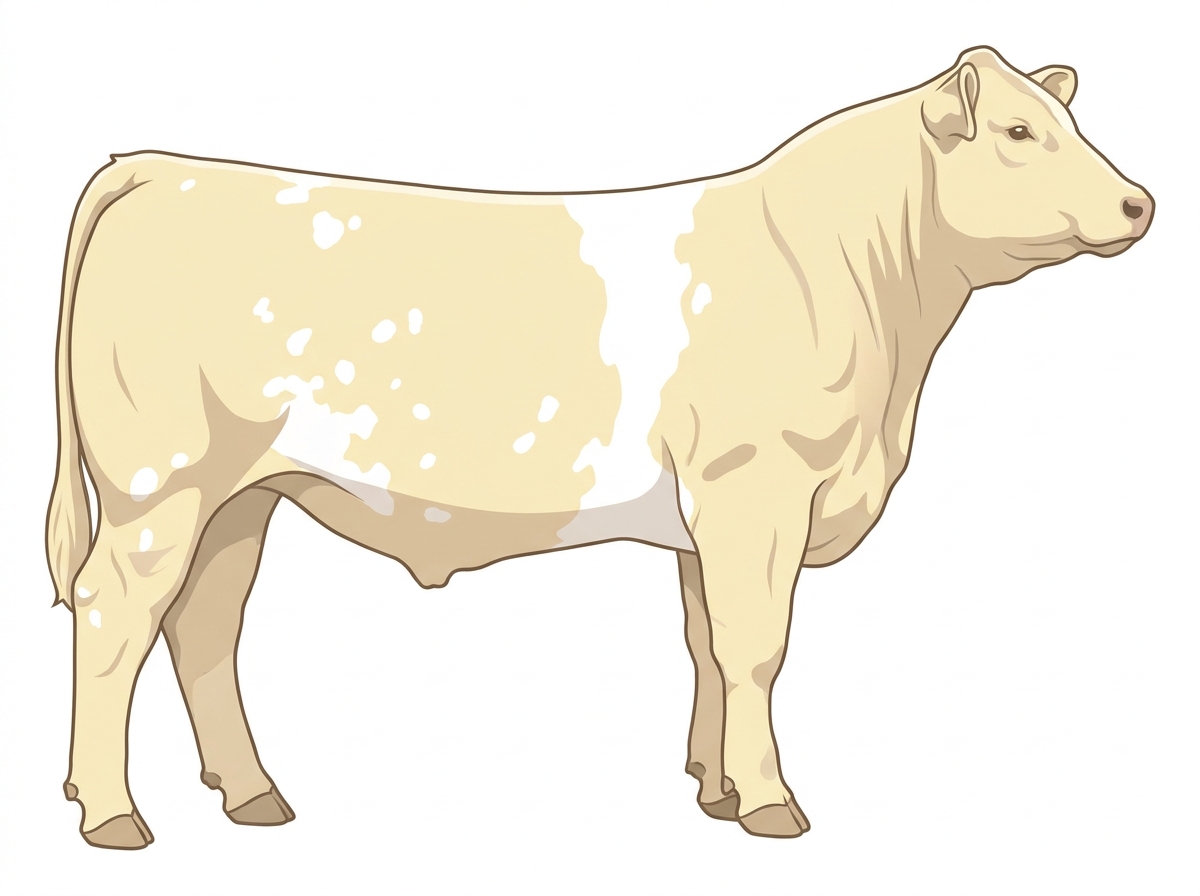 Cream with a white belt around the midsection and white spots MaineTainer Steer