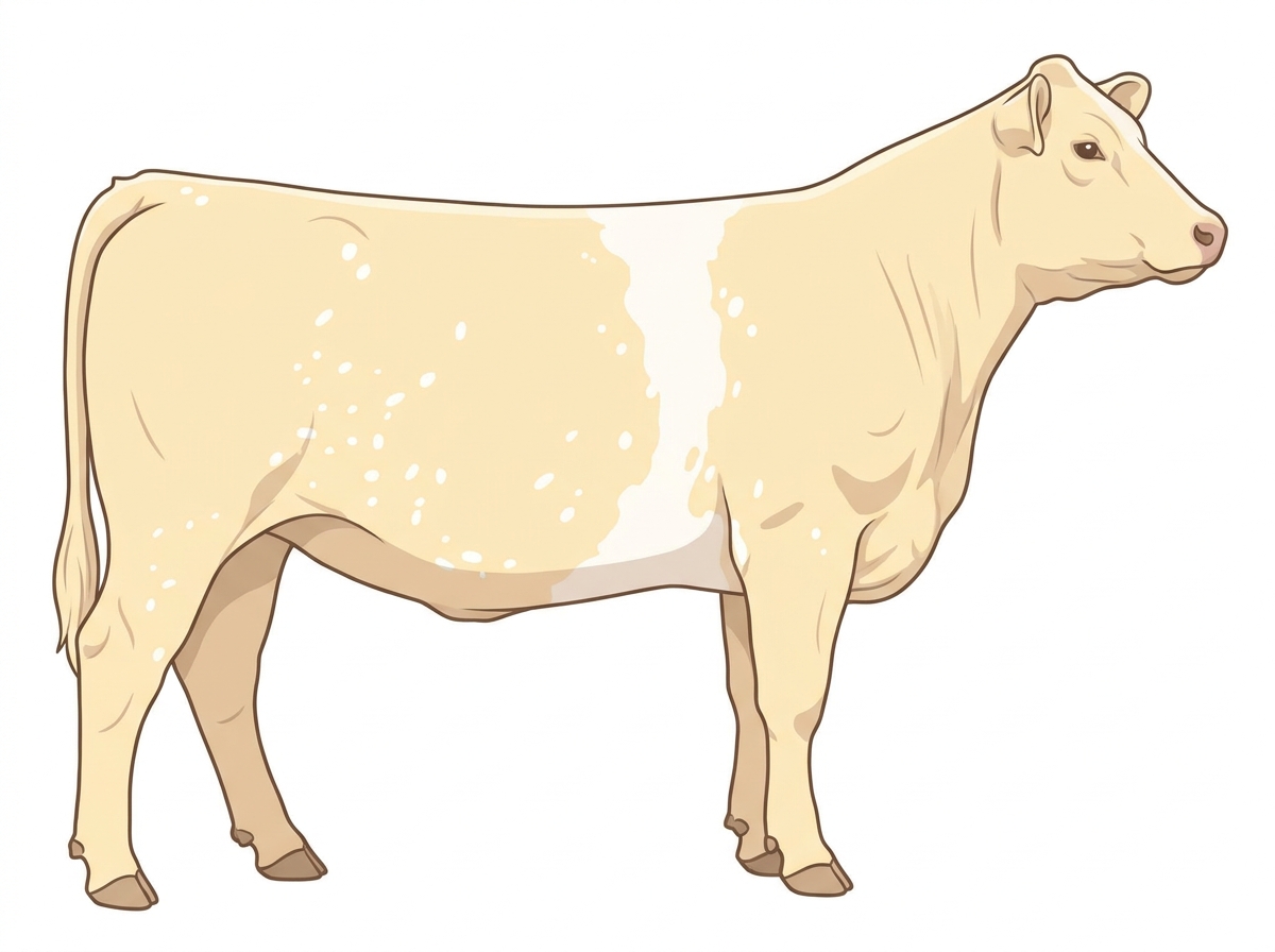 Cream with a white belt around the midsection, white spots and ticking in the white MaineTainer Heifer