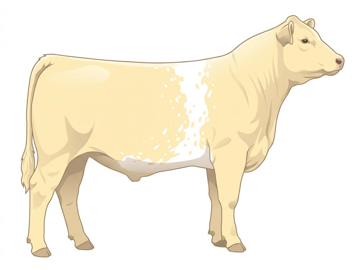 Cream with a white belt around the midsection, white spots and ticking in the white MaineTainer Steer