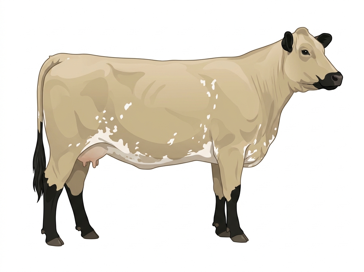 Cream with black points, a few white spots and ticking in the white MaineTainer Cow