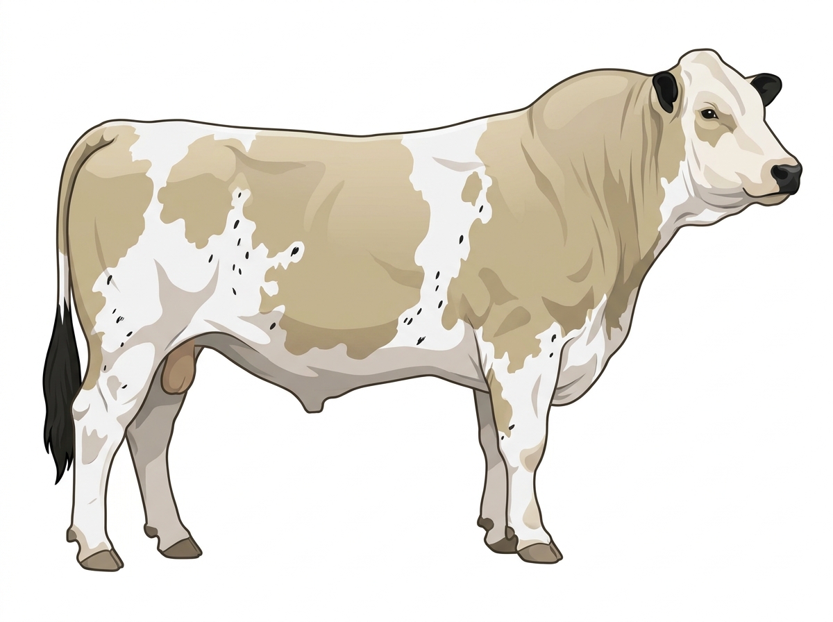 Cream with black points, white spots and ticking in the white MaineTainer Bull
