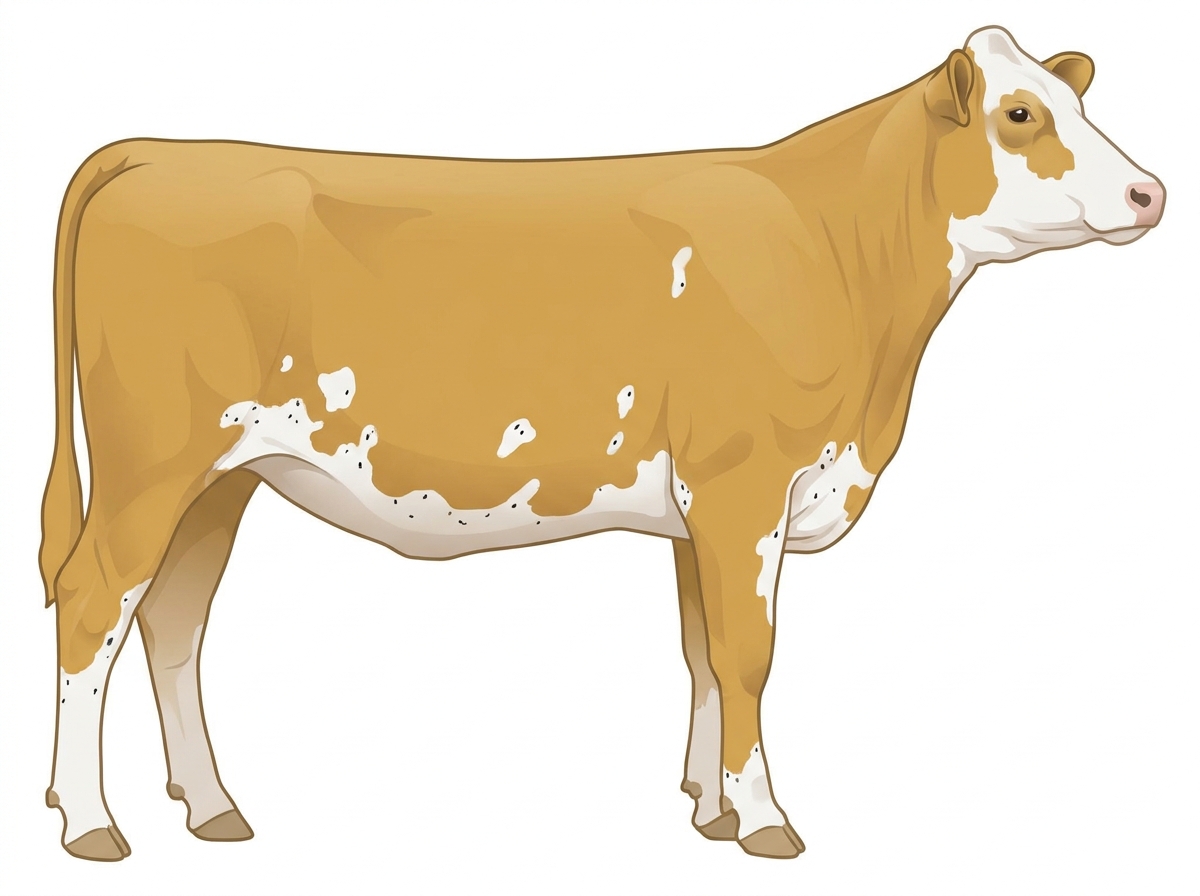Gold with a partial white face, a few white spots and ticking in the white MaineTainer Heifer