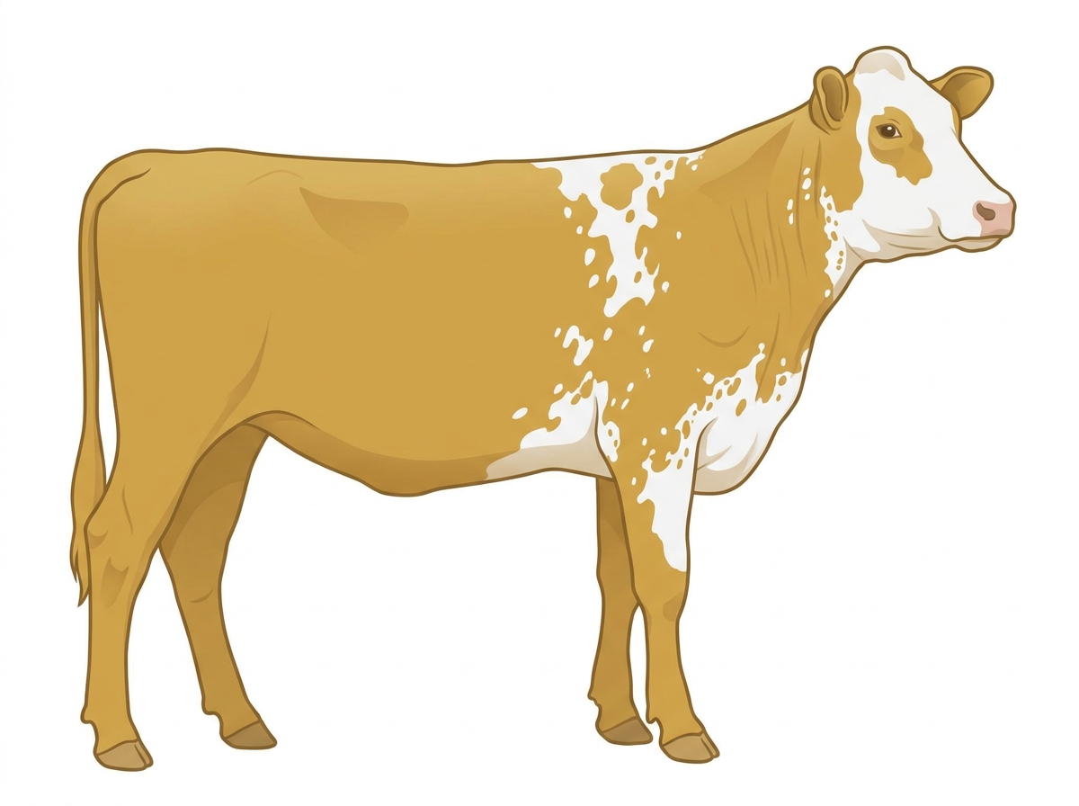 Gold with a partial white face, white spots and ticking in the white MaineTainer Heifer