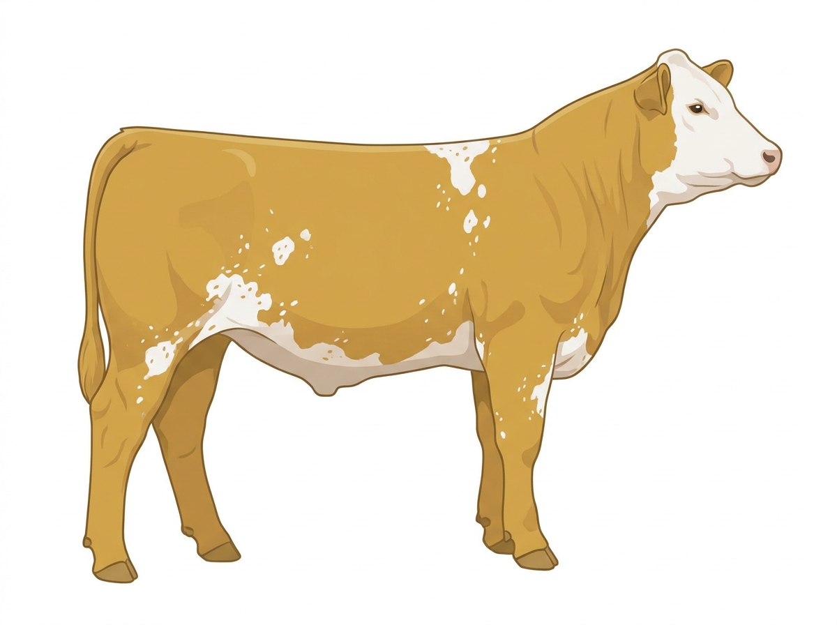Gold with a partial white face, white spots and ticking in the white MaineTainer Steer