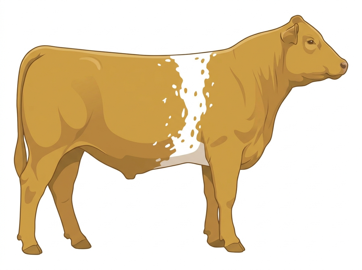 Gold with a white belt around the midsection, white spots and ticking in the white MaineTainer Steer