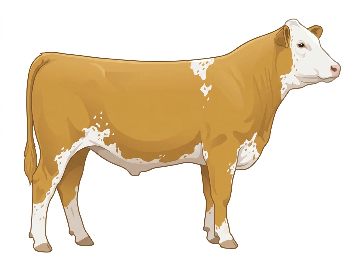 Gold with a white face, a few white spots and ticking in the white MaineTainer Steer