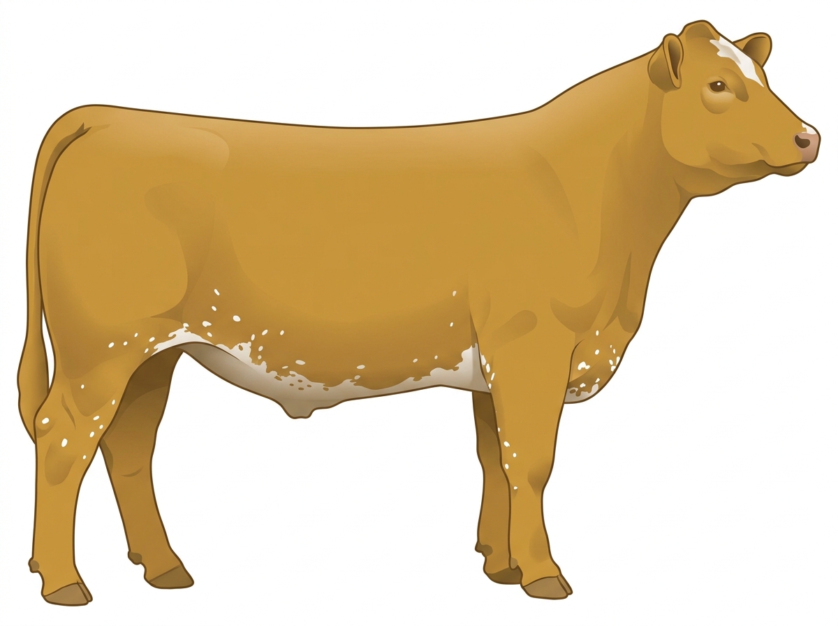 Gold with minimal white face markings, white spots and ticking in the white MaineTainer Steer