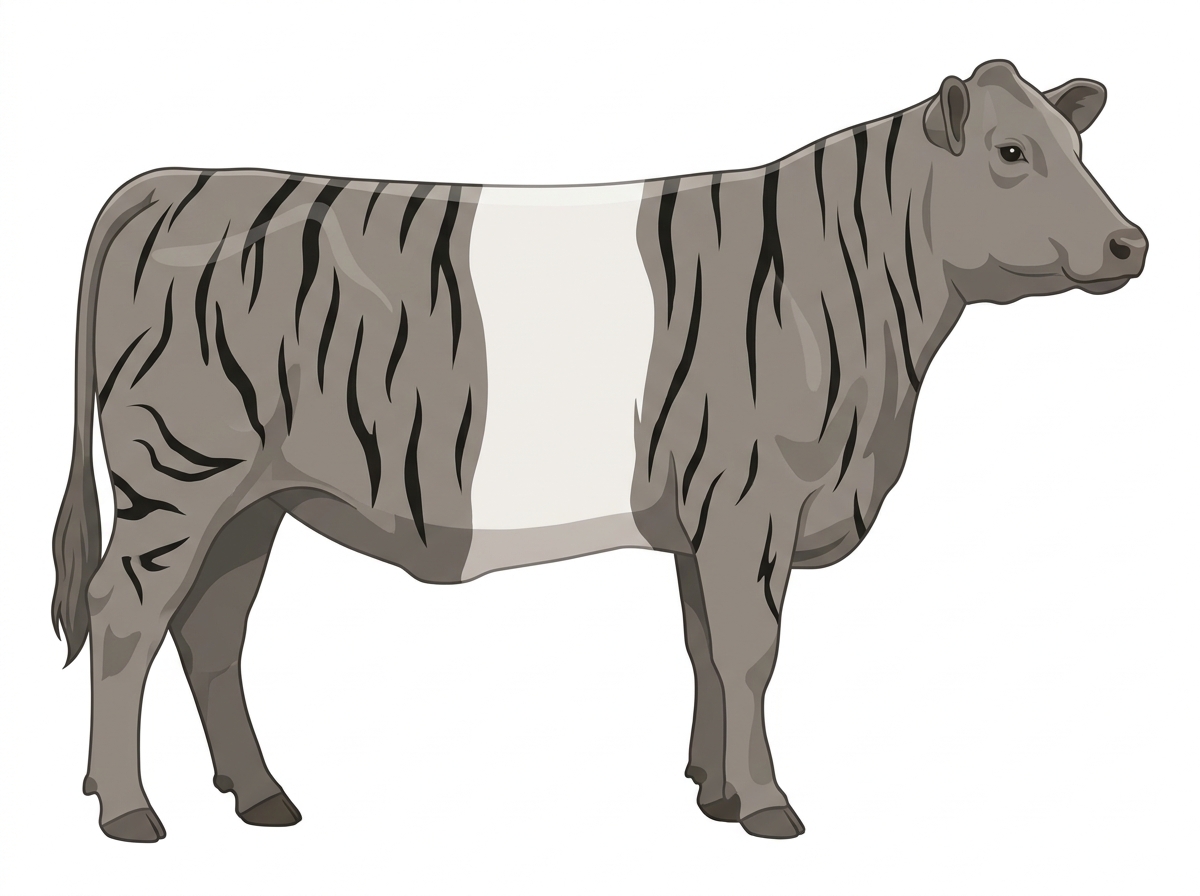 Gray brindle with black stripes, black points and a white belt around the midsection MaineTainer Cow