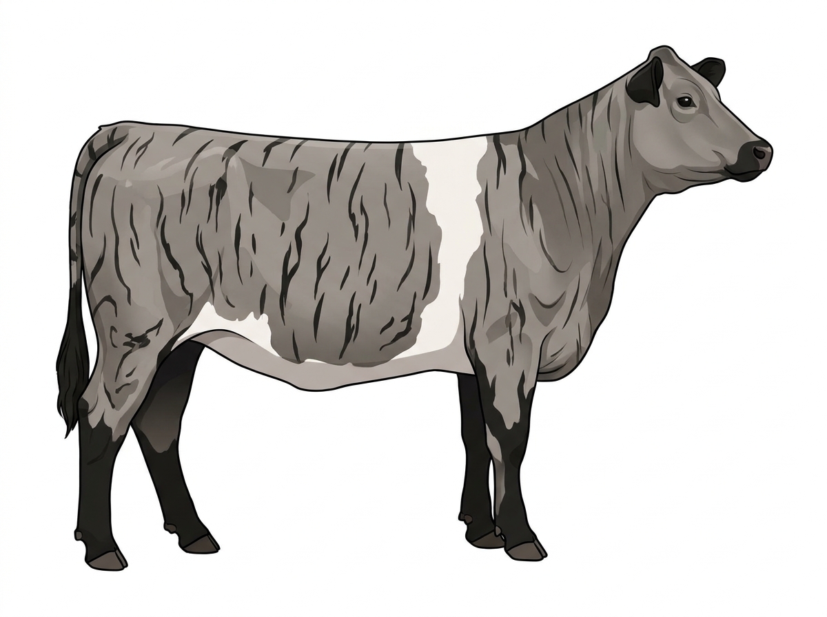 Gray brindle with black stripes, black points and a white belt around the midsection MaineTainer Heifer