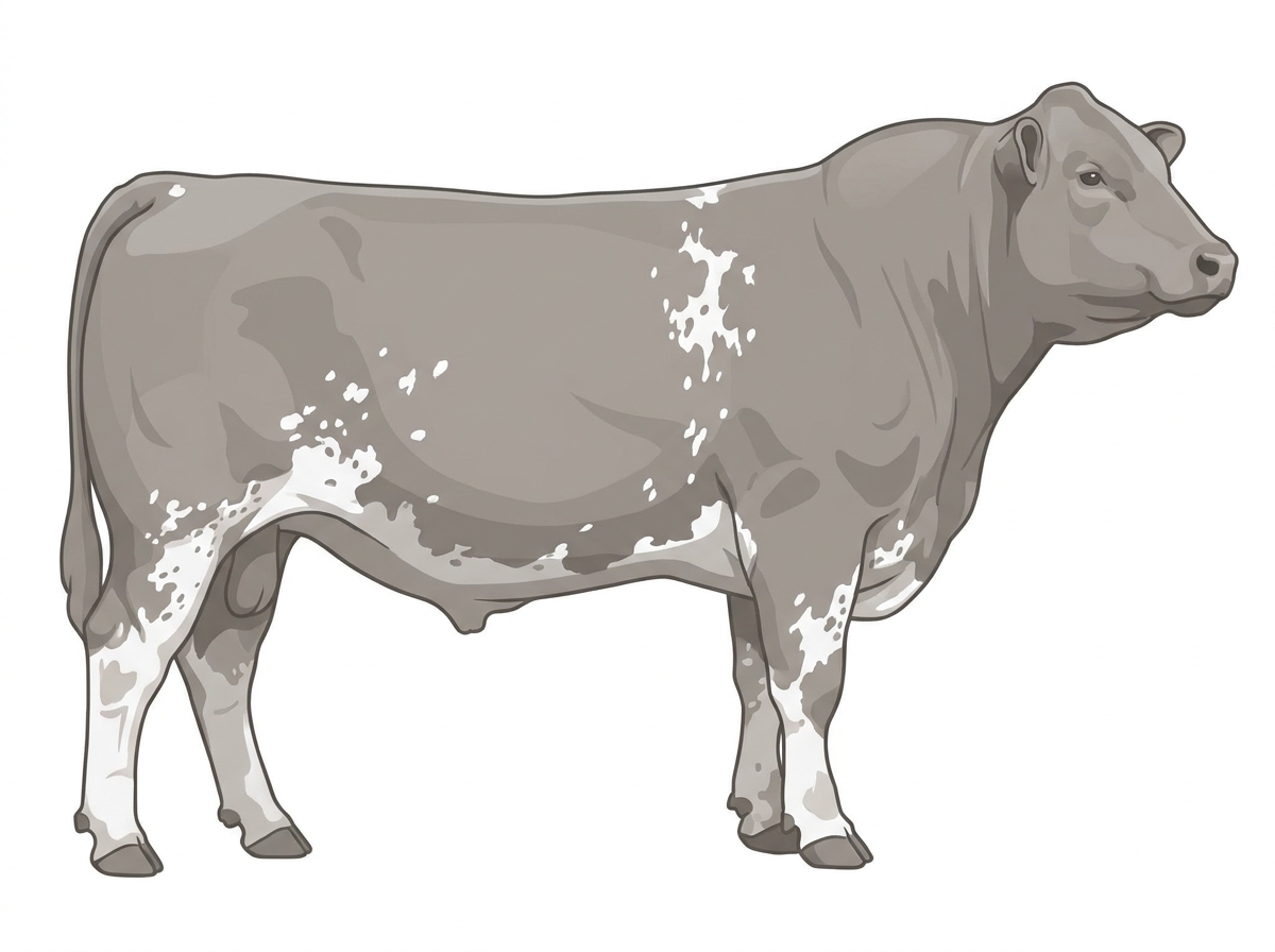 Gray with a few white spots and ticking in the white MaineTainer Bull