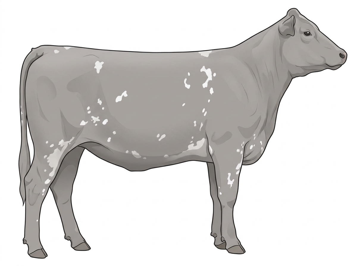 Gray with a few white spots and ticking in the white MaineTainer Heifer