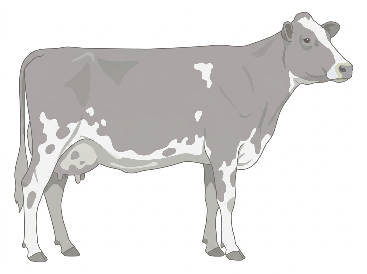 Gray with a pale muzzle ring and lighter underline, a partial white face and white spots MaineTainer Cow