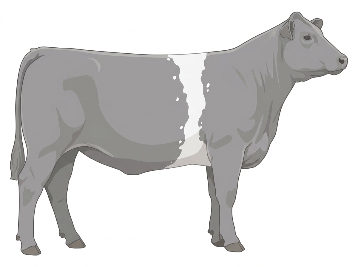 Gray with a white belt around the midsection, a few white spots and ticking in the white MaineTainer Heifer