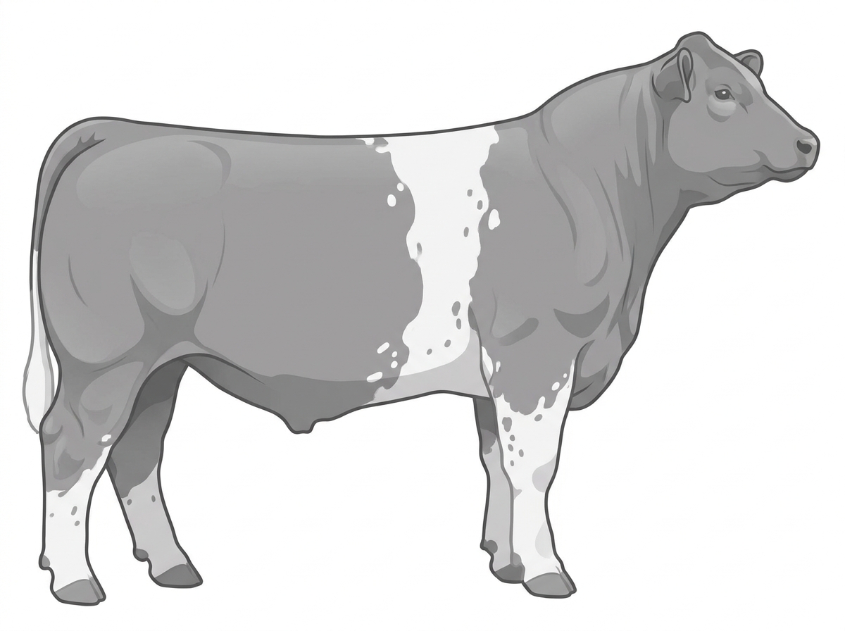 Gray with a white belt around the midsection, a few white spots and ticking in the white MaineTainer Steer