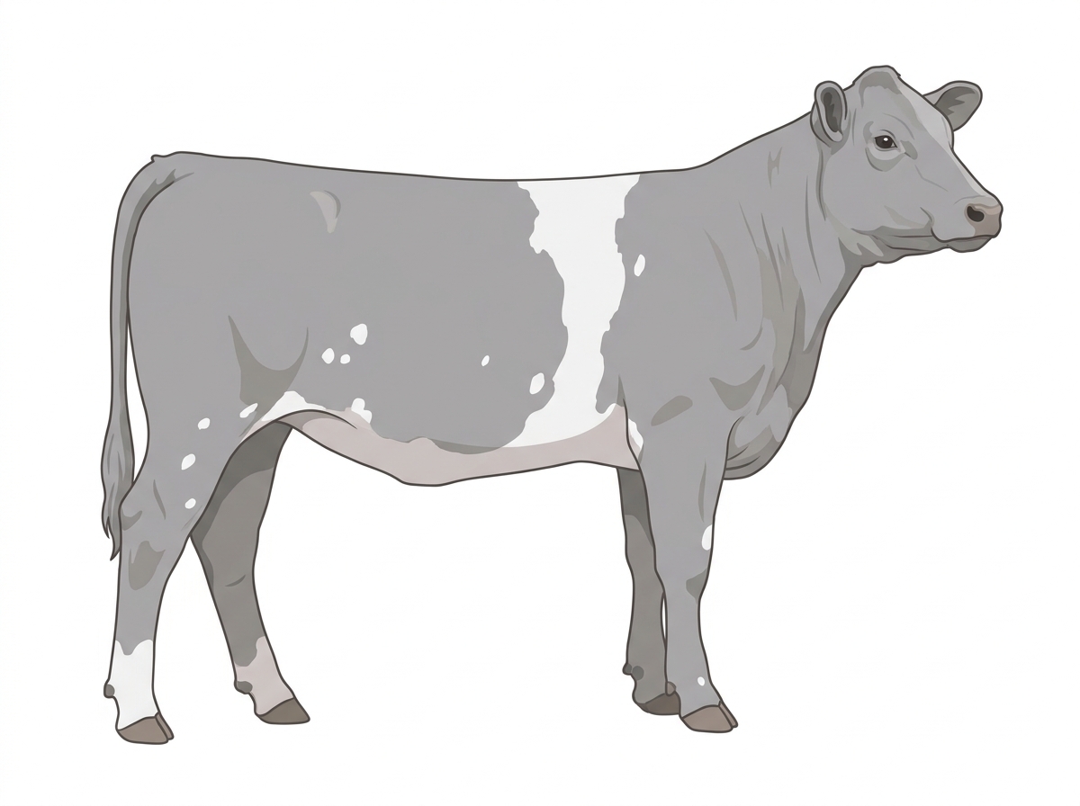 Gray with a white belt around the midsection and a few white spots MaineTainer Heifer