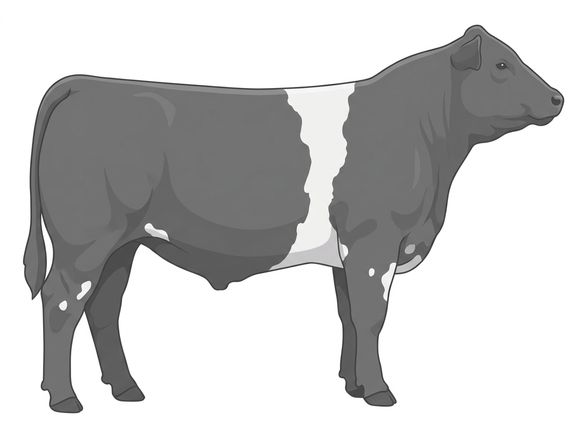 Gray with a white belt around the midsection and a few white spots MaineTainer Steer