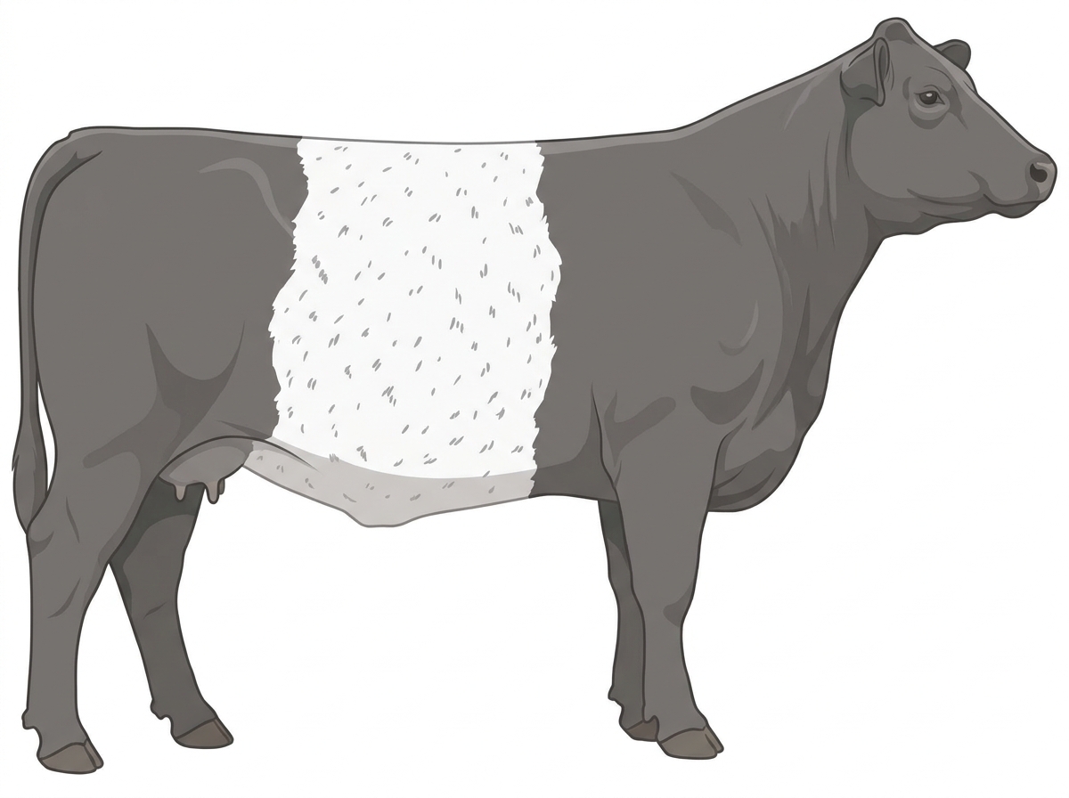 Gray with a white belt around the midsection and ticking in the white MaineTainer Cow