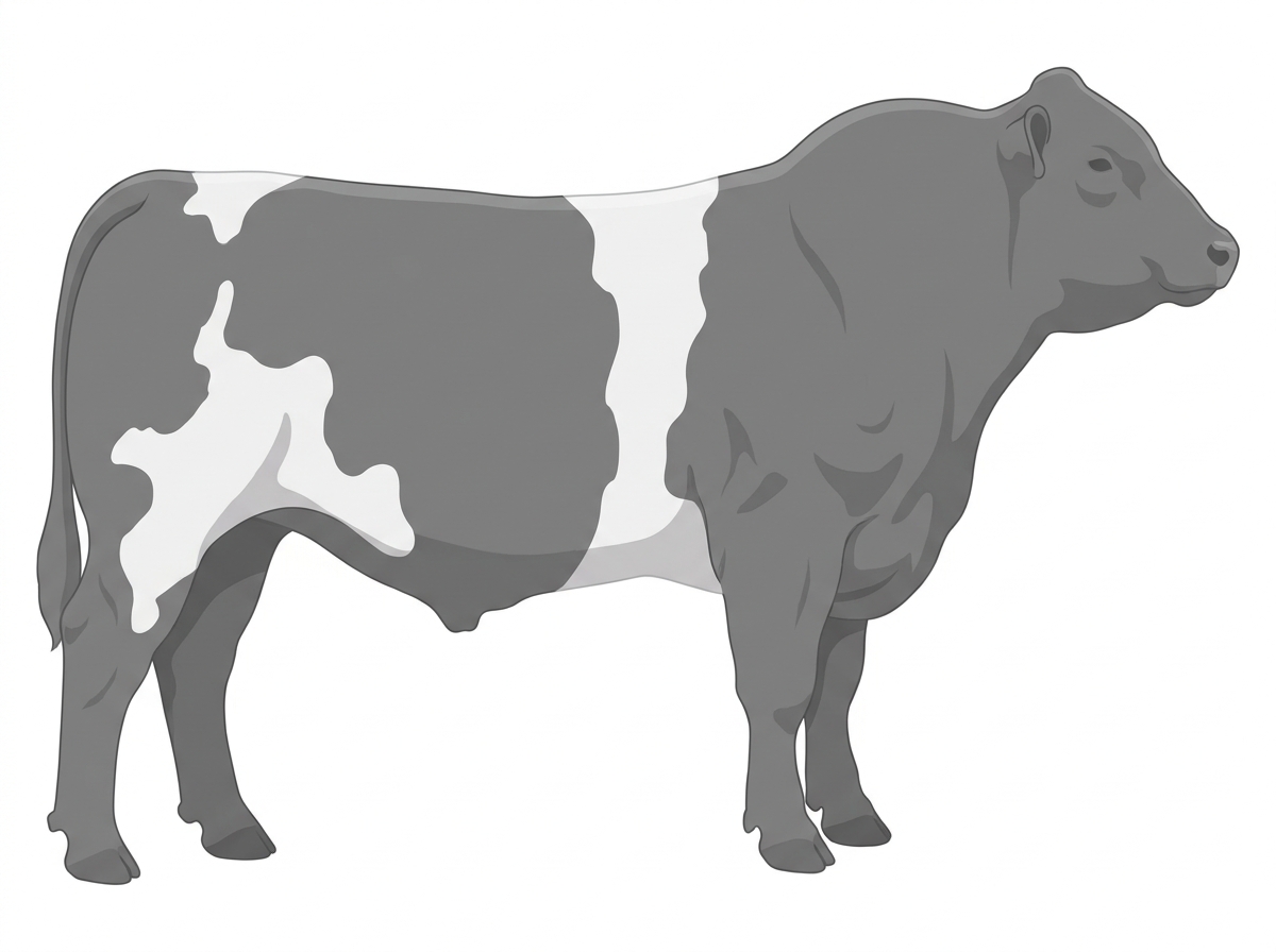 Gray with a white belt around the midsection and white in large patches MaineTainer Bull