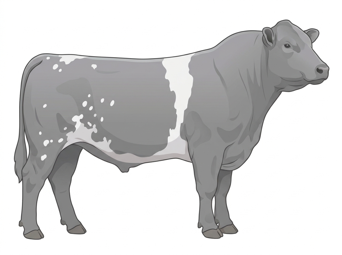 Gray with a white belt around the midsection and white spots MaineTainer Bull