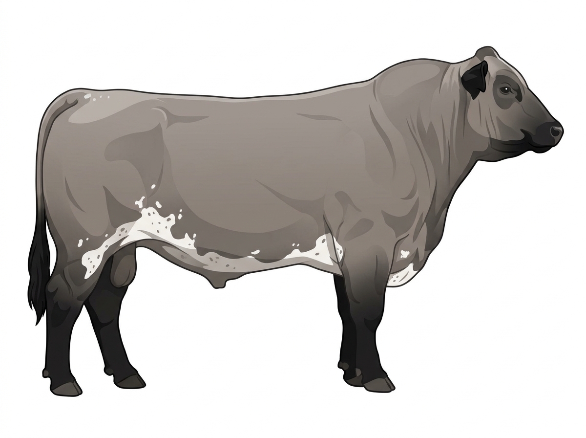 Gray with black points, a few white spots and ticking in the white MaineTainer Bull