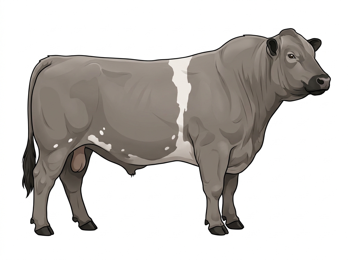 Gray with black points, a white belt around the midsection and a few white spots MaineTainer Bull