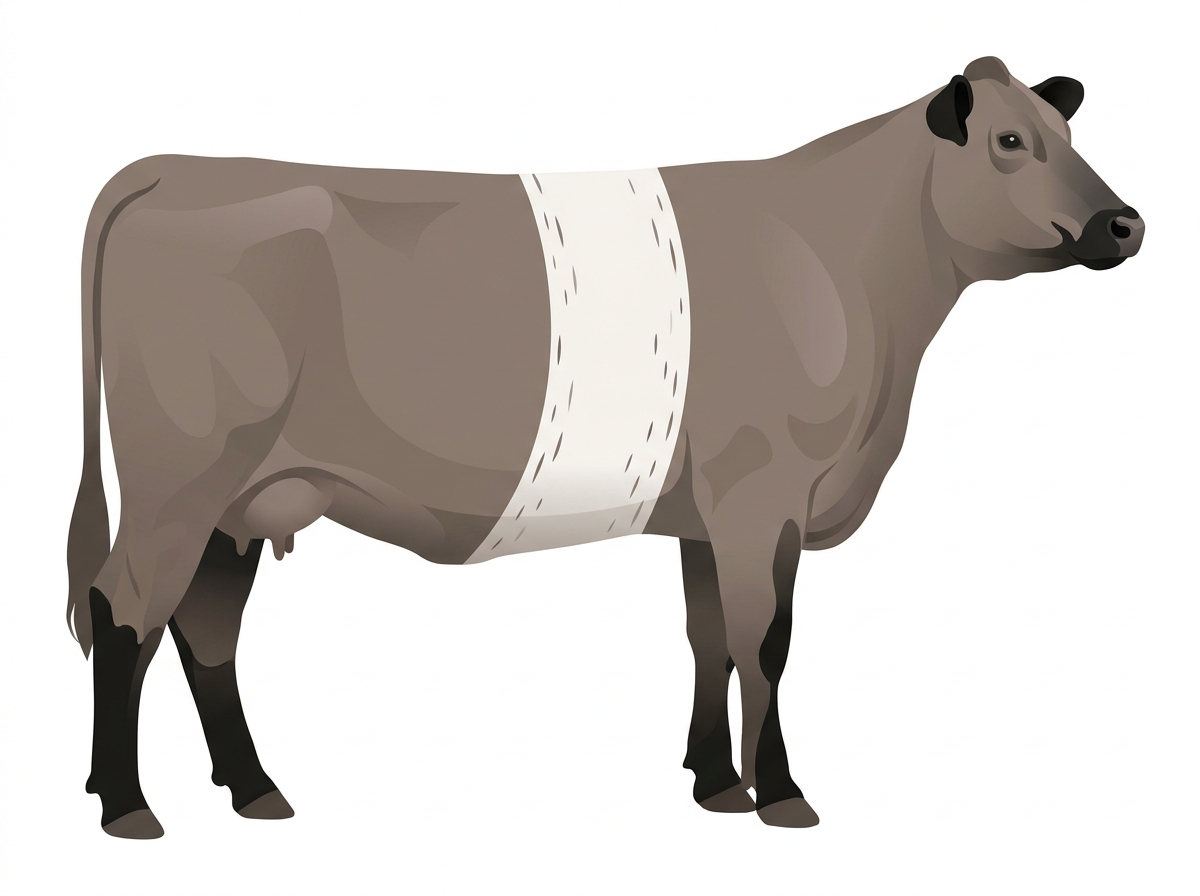 Gray with black points, a white belt around the midsection and ticking in the white MaineTainer Cow