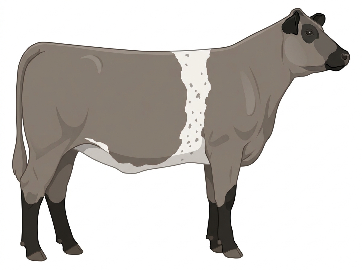 Gray with black points, a white belt around the midsection and ticking in the white MaineTainer Heifer