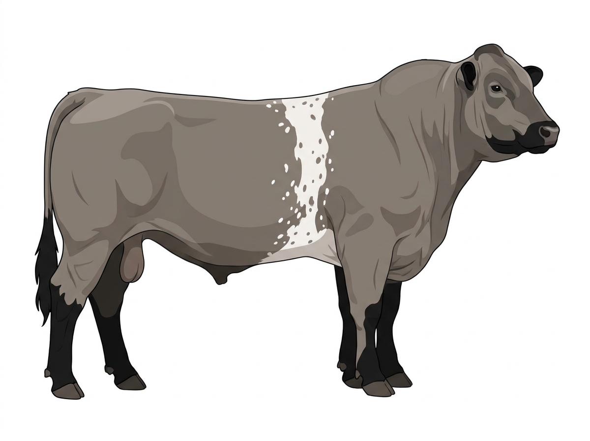 Gray with black points, a white belt around the midsection, white spots and ticking in the white MaineTainer Bull