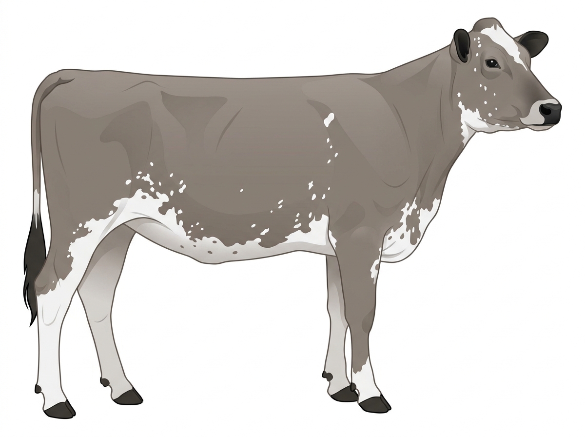 Gray with black points, white spots and ticking in the white MaineTainer Heifer