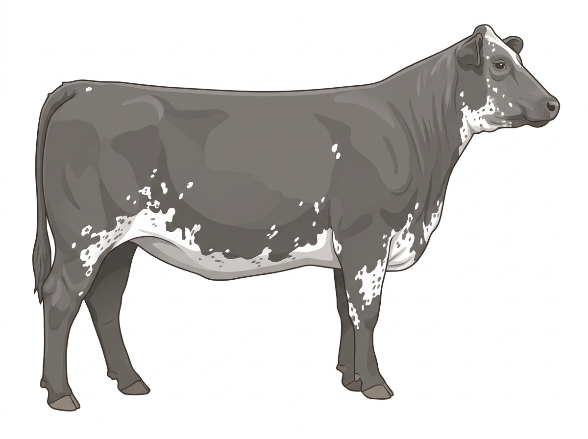 Gray with white spots and ticking in the white MaineTainer Heifer